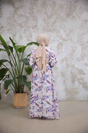 Çiçek Desenli Lila Tesettür Elbise 279913LILA