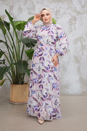 Çiçek Desenli Lila Tesettür Elbise 279913LILA