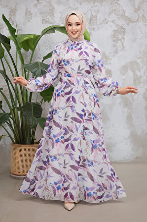 Çiçek Desenli Lila Tesettür Elbise 279913LILA