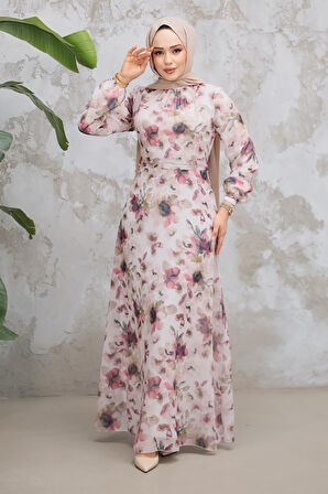 Çiçek Desenli Gül Kurusu Tesettür Elbise 279914GK