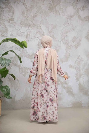 Çiçek Desenli Gül Kurusu Tesettür Elbise 279914GK