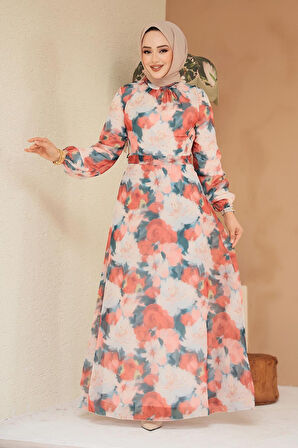 Çiçek Desenli Mercan Tesettür Elbise 279917MR