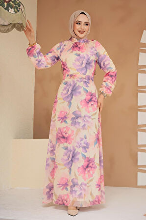 Çiçek Desenli Lila Tesettür Elbise 279918LILA