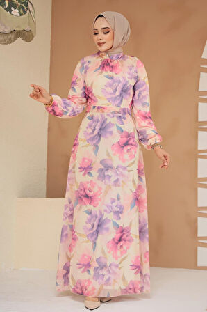 Çiçek Desenli Lila Tesettür Elbise 279918LILA