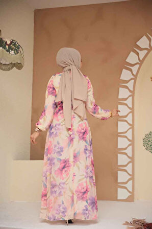 Çiçek Desenli Lila Tesettür Elbise 279918LILA