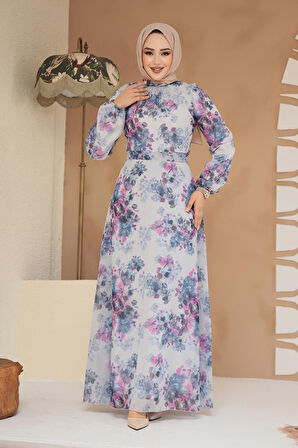 Çiçek Desenli İndigo Mavisi Tesettür Elbise 279920IM
