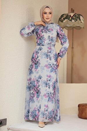 Çiçek Desenli İndigo Mavisi Tesettür Elbise 279920IM