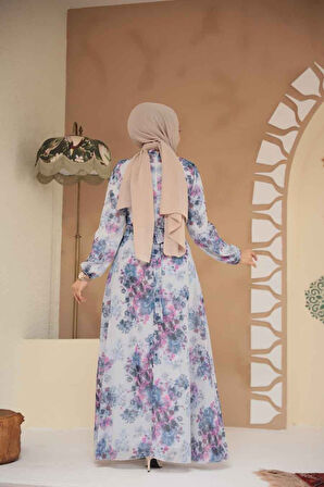 Çiçek Desenli İndigo Mavisi Tesettür Elbise 279920IM