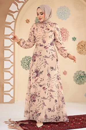 Çiçek Desenli Bisküvi Tesettür Elbise 27960BS