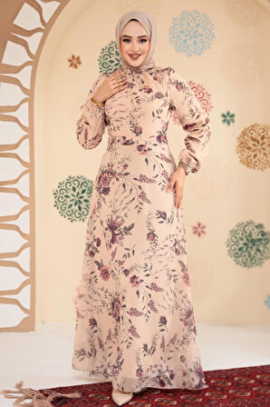 Çiçek Desenli Bisküvi Tesettür Elbise 27960BS