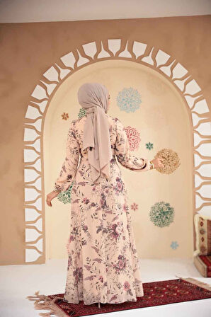 Çiçek Desenli Bisküvi Tesettür Elbise 27960BS