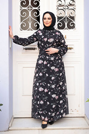 Çiçek Desenli Siyah Tesettür Elbise 279921S