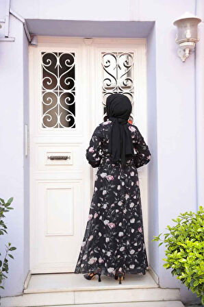 Çiçek Desenli Siyah Tesettür Elbise 279921S
