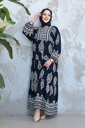 Çiçek Desenli Lacivert Tesettür Elbise 18242L