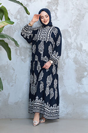 Çiçek Desenli Lacivert Tesettür Elbise 18242L