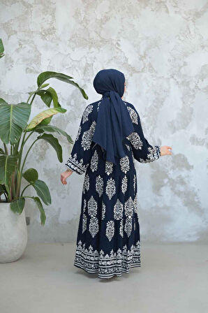 Çiçek Desenli Lacivert Tesettür Elbise 18242L
