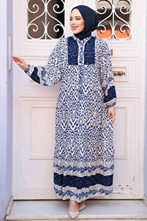 Desenli Lacivert Tesettür Elbise 18245L