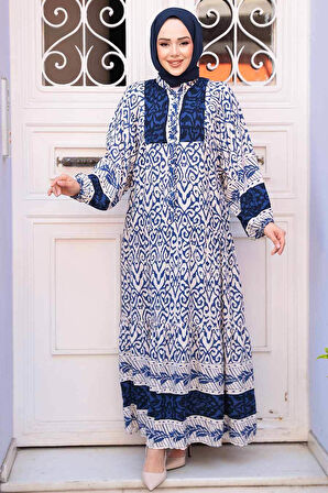 Desenli Lacivert Tesettür Elbise 18245L