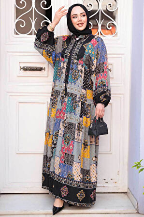 Desenli Siyah Tesettür Elbise 18249S