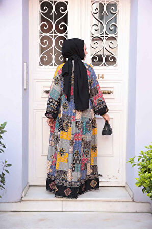 Desenli Siyah Tesettür Elbise 18249S