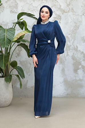 Drape Detaylı Lacivert Tesettür Abiye Elbise 50581L