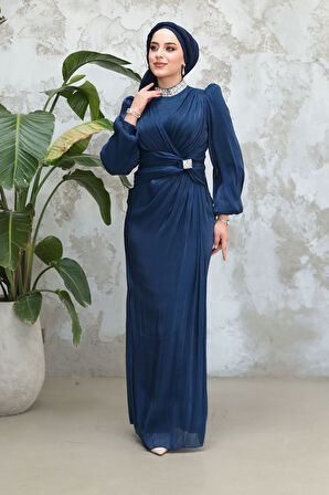 Drape Detaylı Lacivert Tesettür Abiye Elbise 50581L