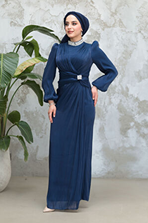 Drape Detaylı Lacivert Tesettür Abiye Elbise 50581L