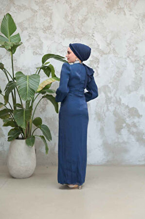 Drape Detaylı Lacivert Tesettür Abiye Elbise 50581L