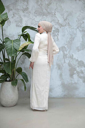 Drape Detaylı Ekru Tesettür Abiye Elbise 50581E
