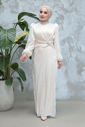 Drape Detaylı Ekru Tesettür Abiye Elbise 50581E