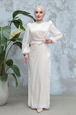 Drape Detaylı Ekru Tesettür Abiye Elbise 50581E
