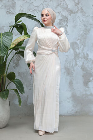 Drape Detaylı Ekru Tesettür Abiye Elbise 50581E