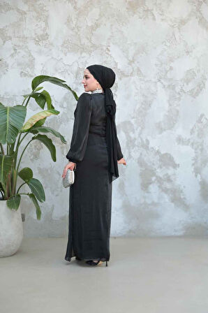 Drape Detaylı Siyah Tesettür Abiye Elbise 50581S