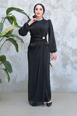 Drape Detaylı Siyah Tesettür Abiye Elbise 50581S