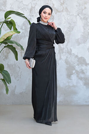 Drape Detaylı Siyah Tesettür Abiye Elbise 50581S