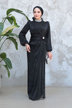 Drape Detaylı Siyah Tesettür Abiye Elbise 50581S
