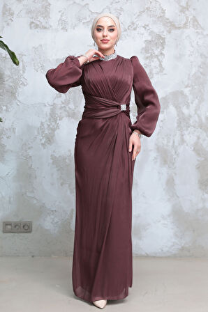 Drape Detaylı Kahverengi Tesettür Abiye Elbise 50581KH