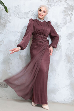 Drape Detaylı Kahverengi Tesettür Abiye Elbise 50581KH