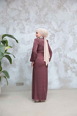 Drape Detaylı Kahverengi Tesettür Abiye Elbise 50581KH