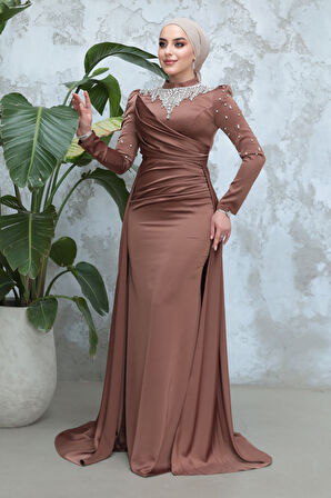 Boncuk İşlemeli Taba Tesettür Saten Abiye Elbise 51312TB