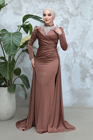 Boncuk İşlemeli Taba Tesettür Saten Abiye Elbise 51312TB