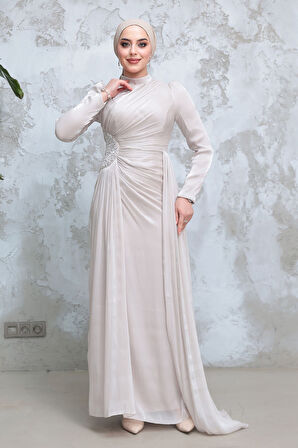 Drape Detaylı Bej Tesettür Abiye Elbise 51481BEJ