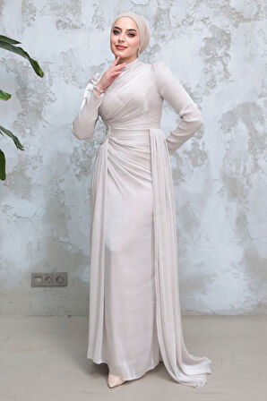 Drape Detaylı Bej Tesettür Abiye Elbise 51481BEJ