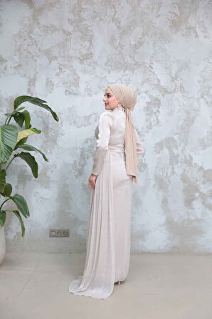Drape Detaylı Bej Tesettür Abiye Elbise 51481BEJ