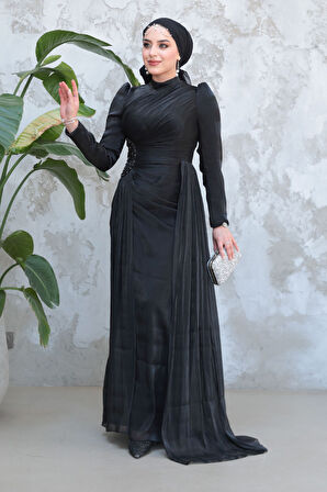 Drape Detaylı Siyah Tesettür Abiye Elbise 51481S