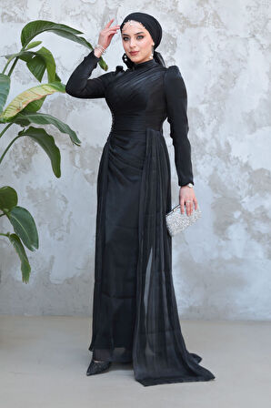 Drape Detaylı Siyah Tesettür Abiye Elbise 51481S
