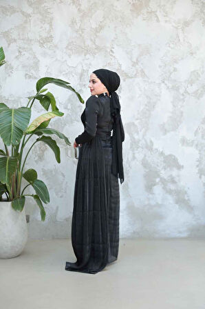 Drape Detaylı Siyah Tesettür Abiye Elbise 51481S