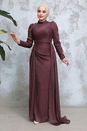 Drape Detaylı Kahverengi Tesettür Abiye Elbise 51481KH