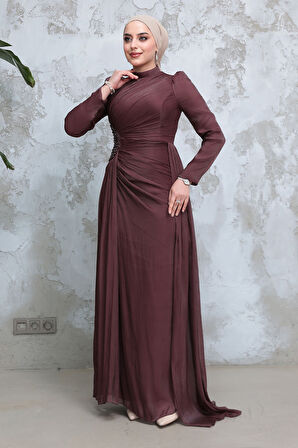 Drape Detaylı Kahverengi Tesettür Abiye Elbise 51481KH