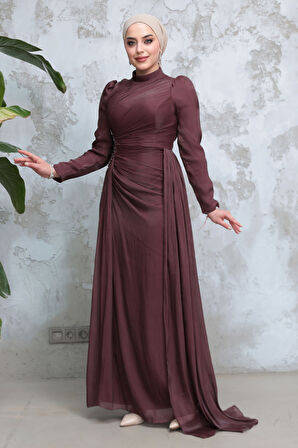 Drape Detaylı Kahverengi Tesettür Abiye Elbise 51481KH